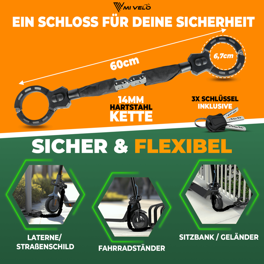 Antivol robuste pour trottinette électrique et vélo avec chaîne en acier trempé de 14 mm – 60 cm – Antivol à gant – Support et 3 clés inclus