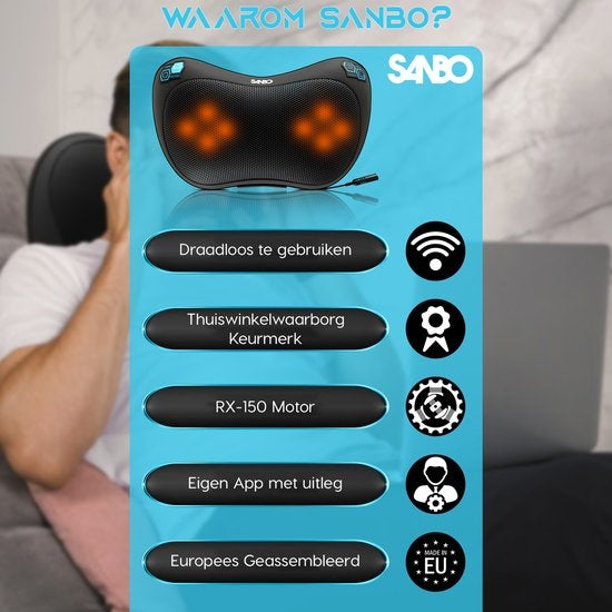 Sanbo Wireless Massage Cushion WL20 - Black - Appareils de massage - Fonction chaleur avec infrarouge - Pour la maison et la voiture - Shiatsu - Fitness