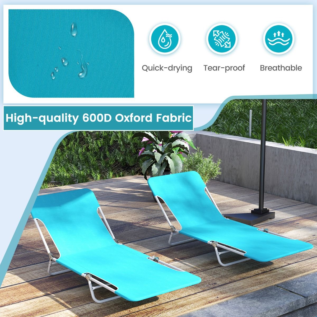 Chaise longue pliable Coast en 2 parties - Réglable sur 5 positions - Bleu - 186 x 55 x 30 cm