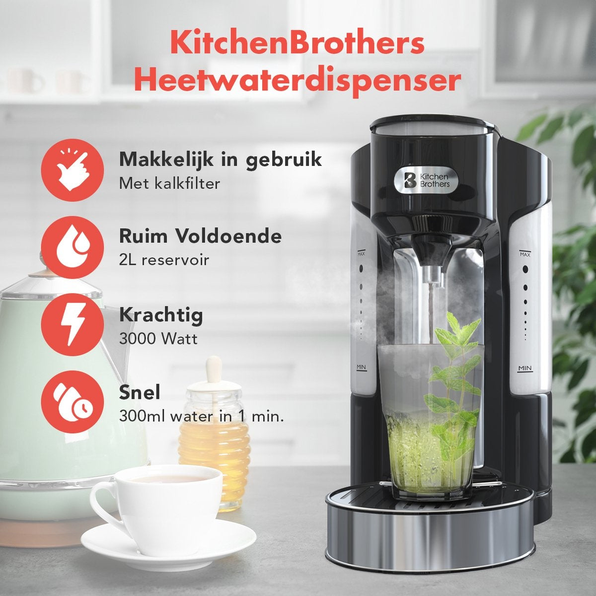 KitchenBrothers  Distributeur d'eau chaude - 2L  - 27,8  x 17,20 x 28  - 3000W - inox/noir
