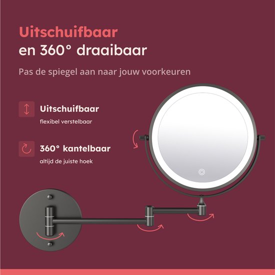 Fraay® Miroir de maquillage avec éclairage LED - grossissement 10x - Miroir grossissant avec lumière - rechargeable - Miroir de rasage - Miroir de salle de bain - noir