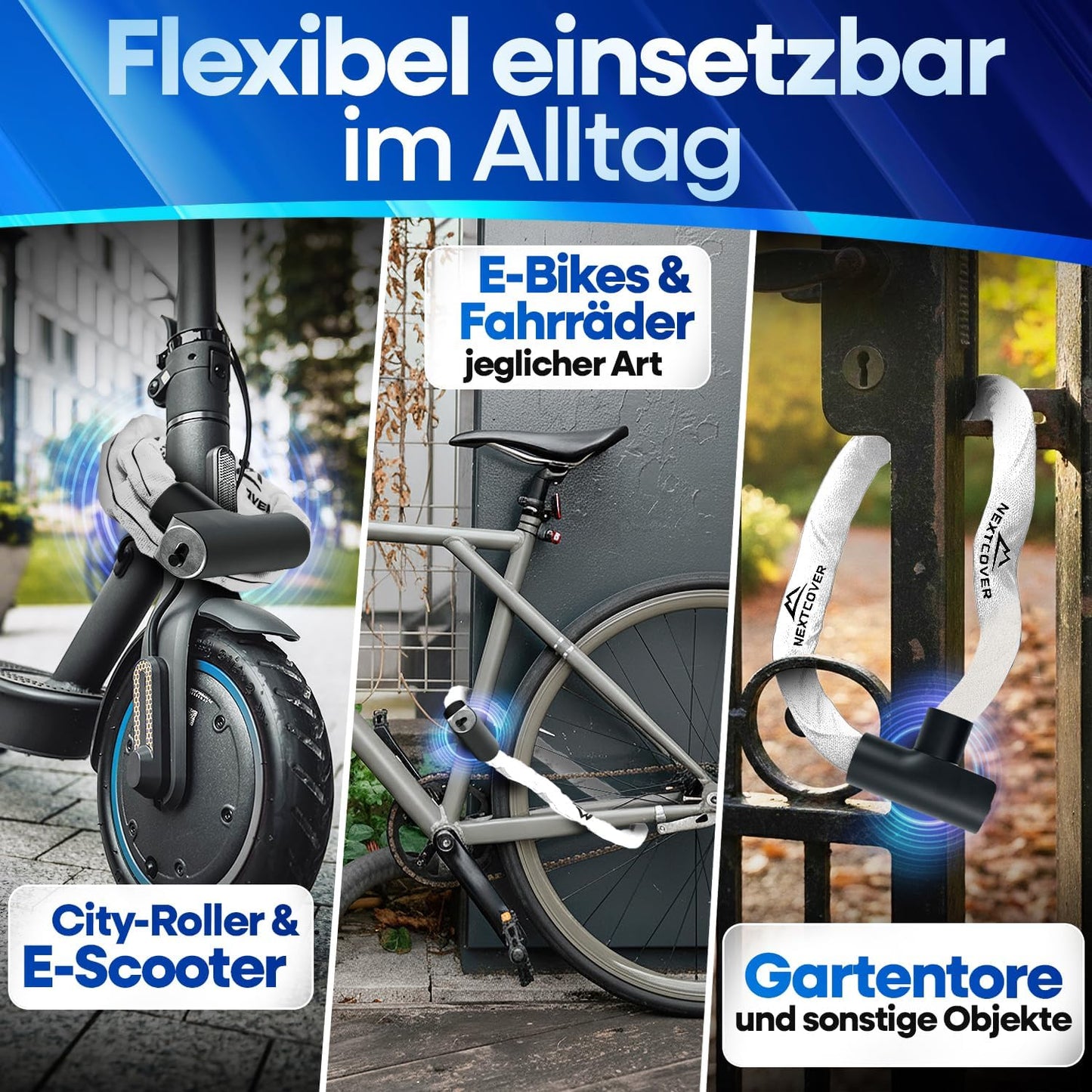 NEXTCOVER® Cadenas à vélo LockOne avec clé I - [SAFE] Cadenas à vélo haute sécurité I cadenas à chaîne robuste et durable I Cadenas à vélo, cadenas à vélo 3 clés
