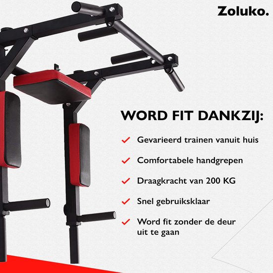 Zoluko Professional Dip & Pull Up Bar Wall Mount - Capacité de charge de 200kg - Dip Station - Including E-book - Easy Mounting - 2 in 1 Pull Up Station and Dip Station for Home Sports - Pull Up Bar Fitness - Dip Bars - Chin Up Bar - Black/Red