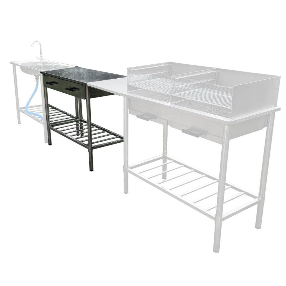 Plan de travail extérieur - Garten BBQ - Cuisine de jardin - Table en acier inoxydable - réglable - 2 tiroirs - 100x50.5x87cm - blanc/gris