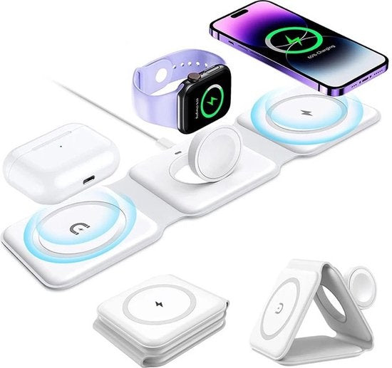 Wurk - Chargeur sans fil 3-en-1 - Comprend un adaptateur de charge rapide - Pliable - Convient à iPhone et Android - 15W