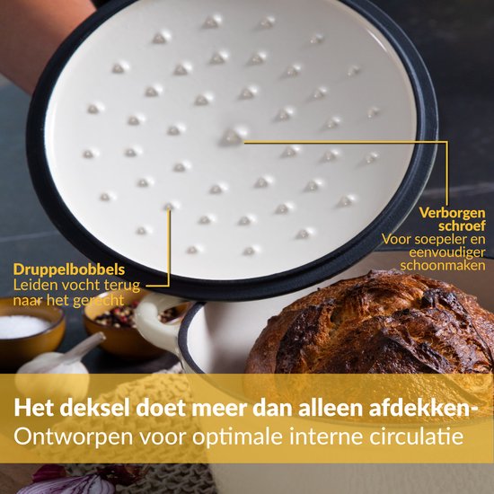 Poêle en fonte Chefarone 4,7 L - Sans PFAS - Poêle à rôtir avec couvercle - Poêle compatible avec toutes les sources de chaleur - Poêle Ø 26 cm - Émaillée blanc crème - Cadeau pour femme