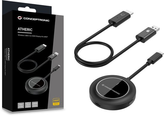 Conceptronic ATHERIC01B - Adaptateur d'écran sans fil - Kit d'adaptation sans fil USB-C vers HDMI 1080p - HDMI/USB - Dongle Full HD