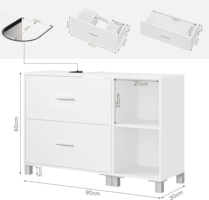 eSituro SBP0098 meuble bas pour lavabo meuble de salle de bain - blanc - 2 grands tiroirs - meuble latéral pouvant être placé à gauche ou à droite