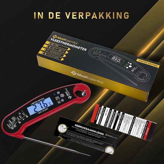 MostEssential Premium Thermomètre à viande - Thermomètre BBQ - Thermomètre à cœur - Thermomètre à sucre - Thermomètre de cuisine - Numérique - Sans fil - Etanche - Rouge