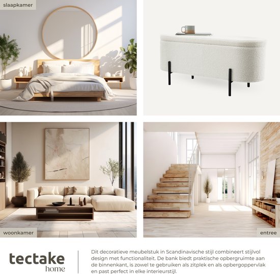 tectake® Banc avec rangement - Boîte de rangement rembourrée - Boîte d'assise avec rangement, rembourrée - Tissu Bouclé style scandinave - 97x36x42cm - blanc crème