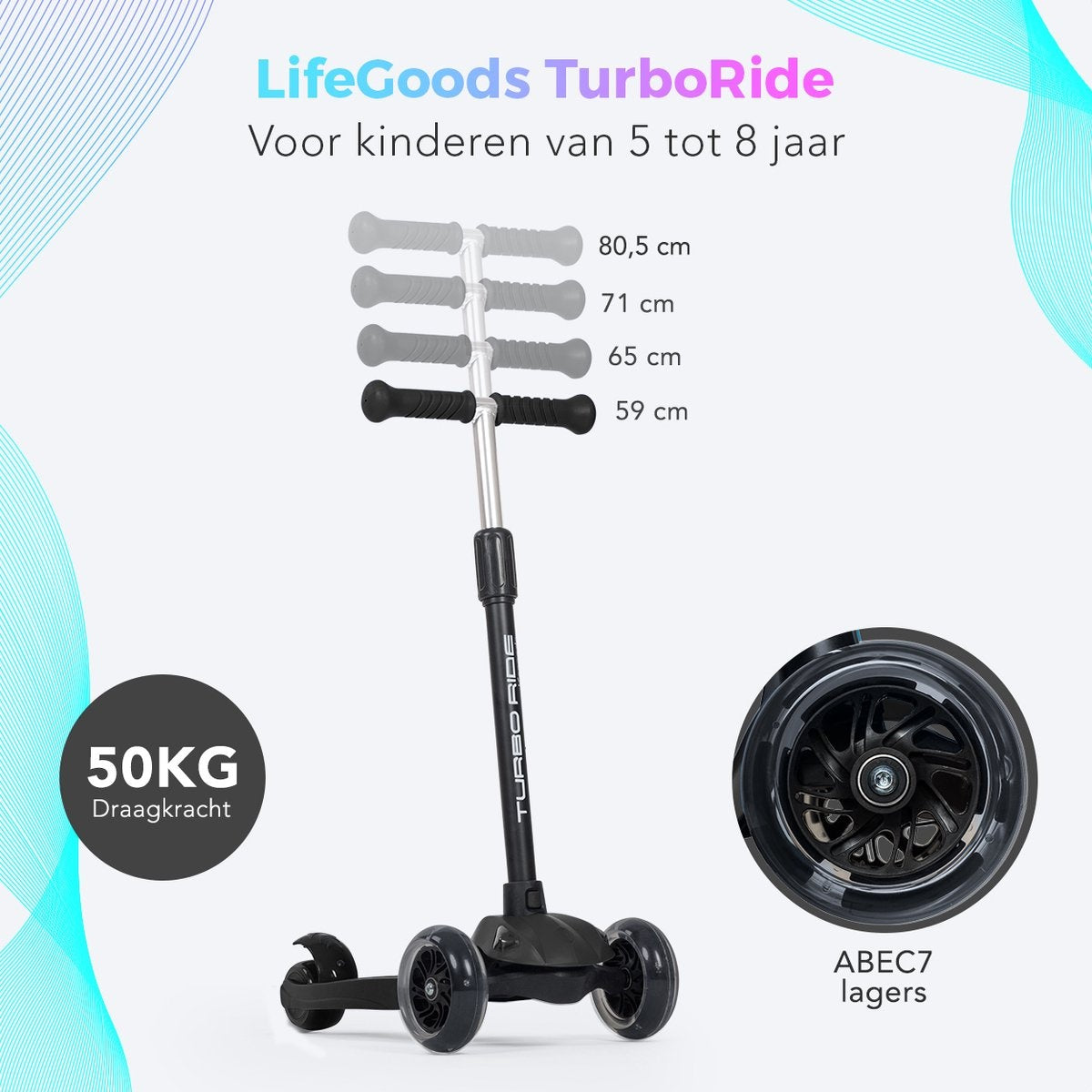 LifeGoods TurboRide Kids' Scooter - Step 5-8 Years - 3 Luminous Wheels - Boys/Girls - Black