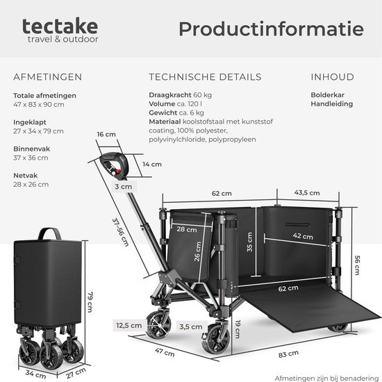 Chariot tectake® - Pliable - Capacité de charge de 60 kg - Roues pivotantes massives - 47 x 83 x 90 cm - Chariots de transport - Chariot à main - Avec poignée télescopique - Chariot à main - Chariot de transport hydrofuge - Avec tablette et compartiment i