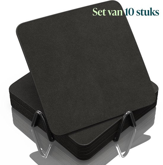 Sous-verres en simili cuir Castagnola – Sous-verres pour verres – Sous-verres design avec support – Lot de sous-verres en cuir avec support métallique – Cuir – Lot de 10 – Noir – 10 x 10 cm