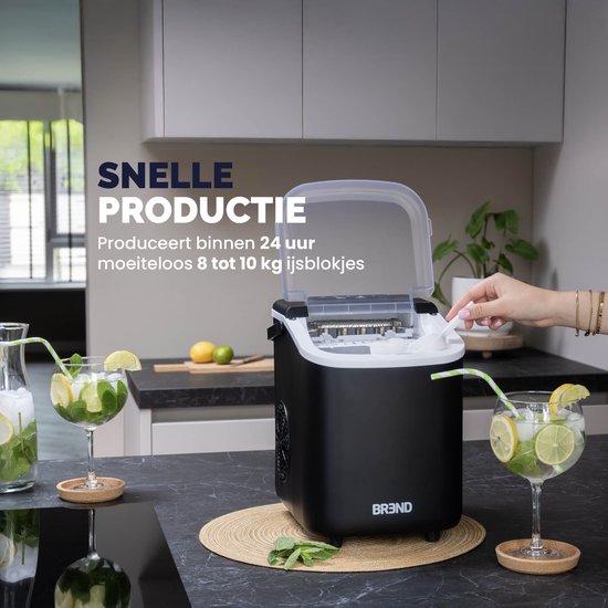 BREND BR-2213 Machine à glaçons avec cuillère et plateau d'égouttage - Grands L ou petits S glaçons - Machine à glaçons portable - 10 kg en 24 heures - Noir