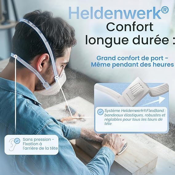 Masque anti-poussière FFP3 « Heldenwerk » avec valve - Lot de 10 - Masque anti-particules fines avec bandeau réglable