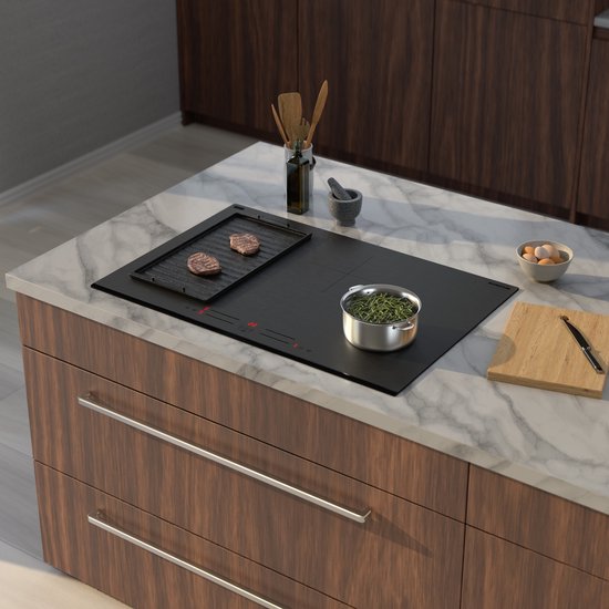 Inventum IKI7735MAT - Plaque de cuisson à induction encastrable - 77 cm - 4 zones de cuisson - Fonction Bridge - Monophasée ou biphasée - Façade à facettes - Noir mat