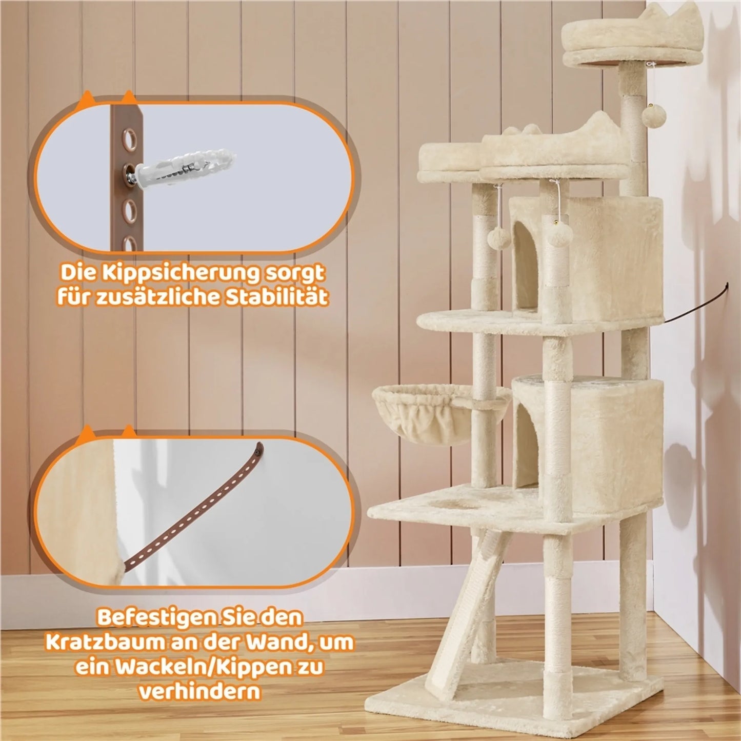 Yaheetech Cat Post XXL avec 3 plateformes d'observation - équipé de 2 terriers, d'une planche à gratter et d'un système anti-piqûres - pour les foyers avec plusieurs chats - beige peluche et sisal - 55,5 x 55,5 x 175 cm