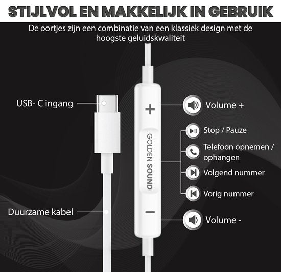 Écouteurs filaires Golden Sound - Écouteurs avec fil et microphone - Connexion USB-C