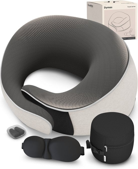 Dymac CloudRest Travel Pillow - Oreiller de cou - Soutien de la nuque - Oreiller de voyage en mousse à mémoire de forme - Comprend un masque pour les yeux et des bouchons d'oreille - Avec pochette de voyage - Beige