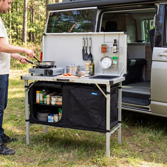 Cuisine de camping Tristar – Pliable – 100 x 50 cm – Avec évier – Structure en aluminium – Meuble de camping et cuisine d'extérieur – Sac de transport inclus – Pieds réglables – KI-0825