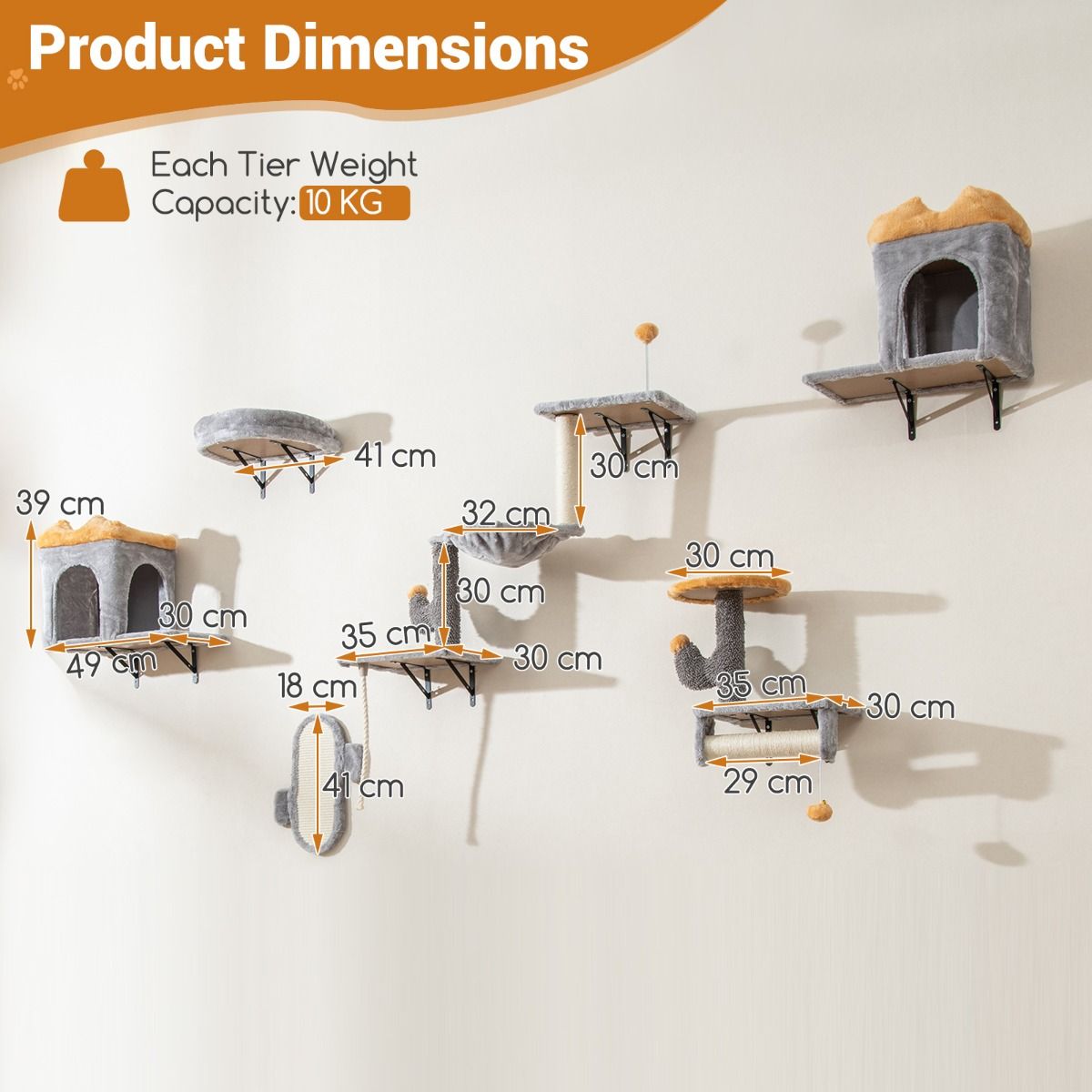Ensemble de tours pour chats à fixer au mur Coast - Peu encombrant - Plateforme à 2 niveaux - Gris