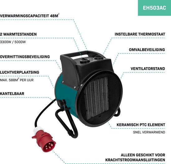 VONROC Chauffage électrique - chauffage soufflant - chauffage d'atelier - puissance 400V - 3300W/5000W - céramique - thermostat - pour pièces jusqu'à 48m2