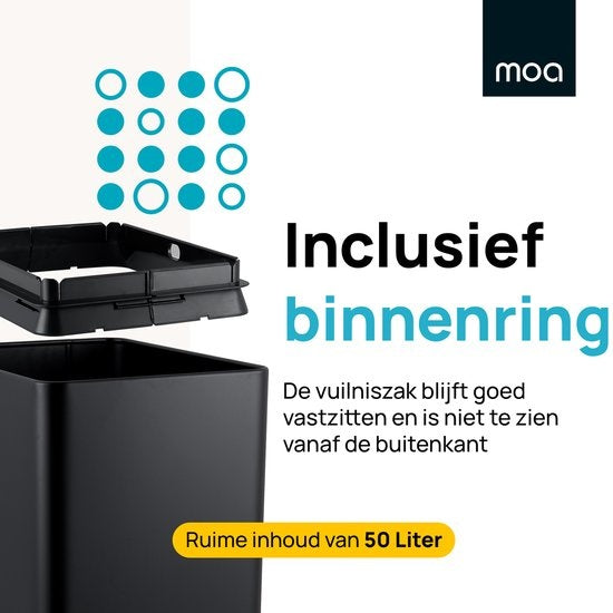 MOA Sensor Waste Bin - 50 litres - acier inoxydable & ABS durable - Antidérapant - Couvercle silencieux - Mode de fermeture différée - Noir - SB50VB