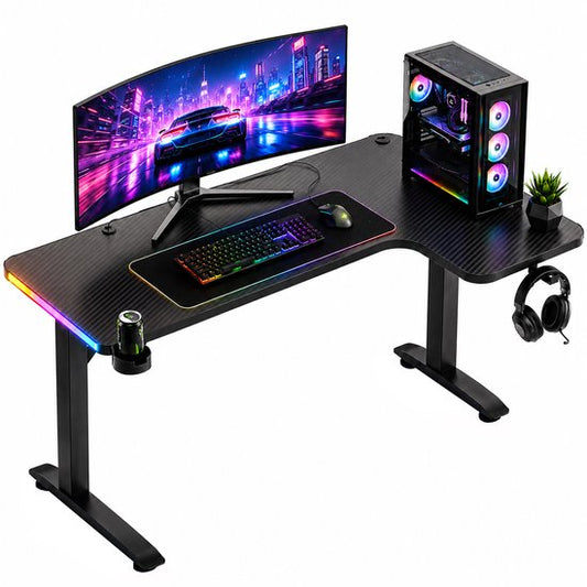 Bureau gaming Avalo - 160 x 100 x 75 cm - Bureau d'angle en L - Bureau gaming avec éclairage LED - Table - Noir - Angle à droite