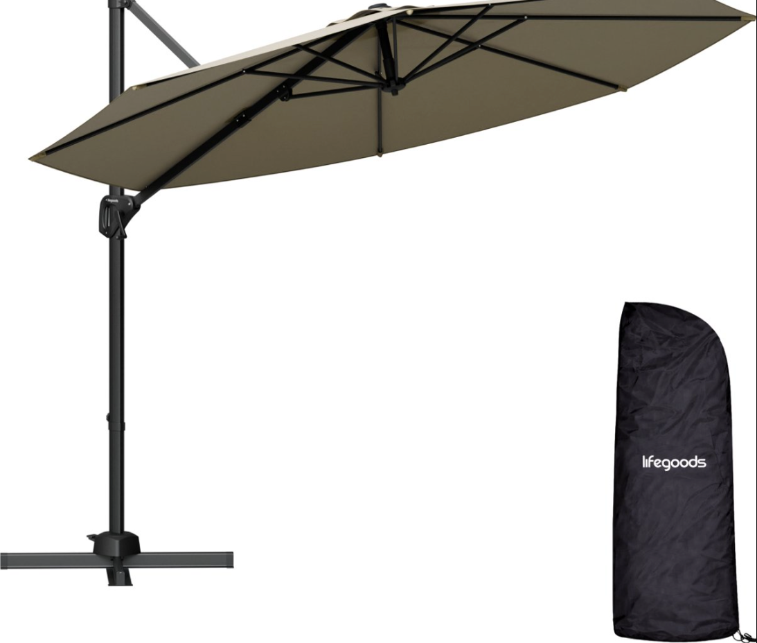 LifeGoods Parasol flottant Ø300 cm - Rotation 360° - 6 pieds - Housse incluse - Taupe