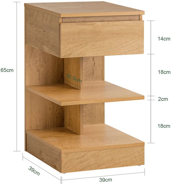 SoBuy Set of 2 Side Table, Nightstand with 1 Drawer and 3 Shelves, Multifunctional Coffee Table for Bedroom or Living Room, Scandinavian Design, Natural Wood Brown, 39x65x39cm, FBT49-Nx2