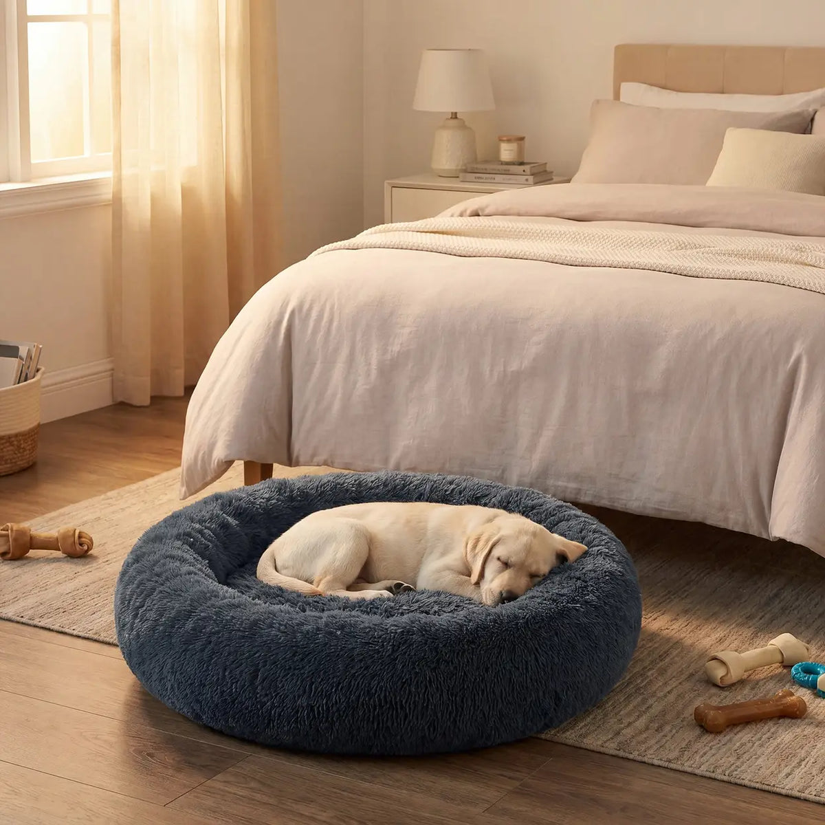 Joyfurnos Donut : panier pour chien Fluffy apaisant - Housse amovible et lavable - 100 cm - Gris foncé