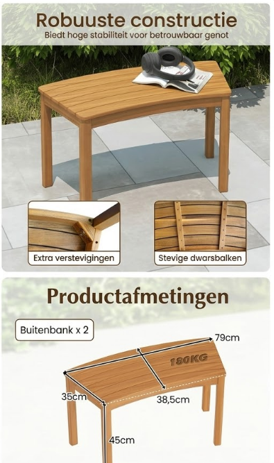 Coast Lot de 2 bancs de jardin en bois - Bois d'acacia - Résistant aux intempéries - Capacité de charge de 180 kg - Naturel