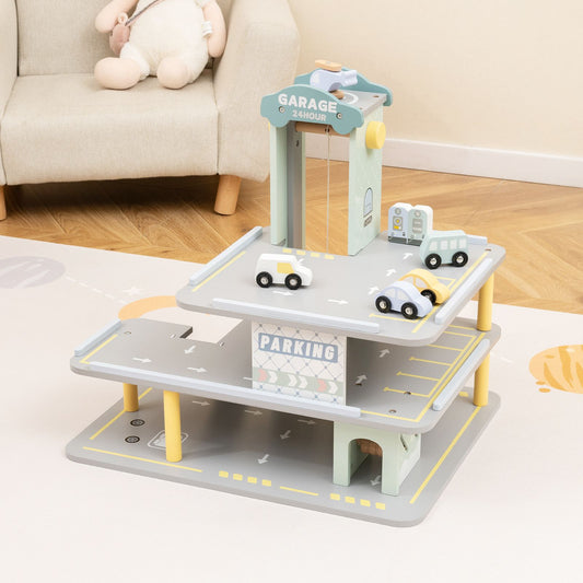Coast 3-layer Wooden Play Garage with 4 Cars and Helicopter - 50x40x47 cm - Multicoloured