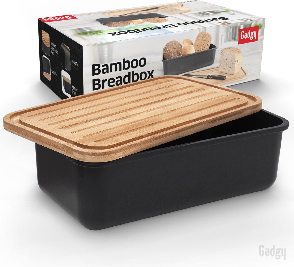 Gadgy Boîte à pain - avec couvercle en bambou - Boîte à pain avec planche à découper - sans BPA - 36x19.5x11.5 cm- noir