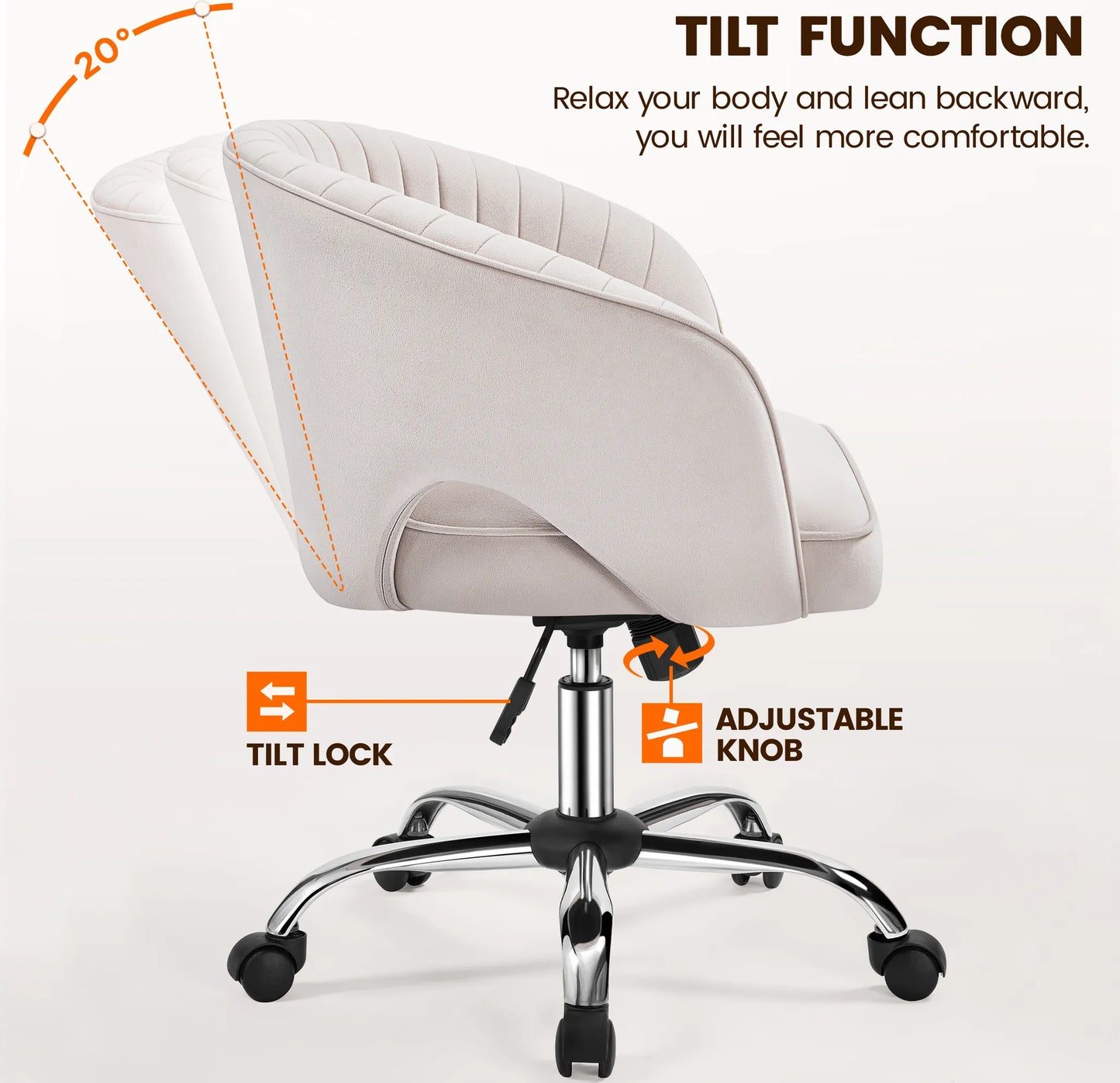 Yaheetech Chaise de bureau à bascule - Hauteur réglable par vérin à gaz, roues pivotantes à 360° et motif vertical - Pour bureau et salle de réception - Velours blanc crème et métal - 60 x 56.5 x 73-83 cm