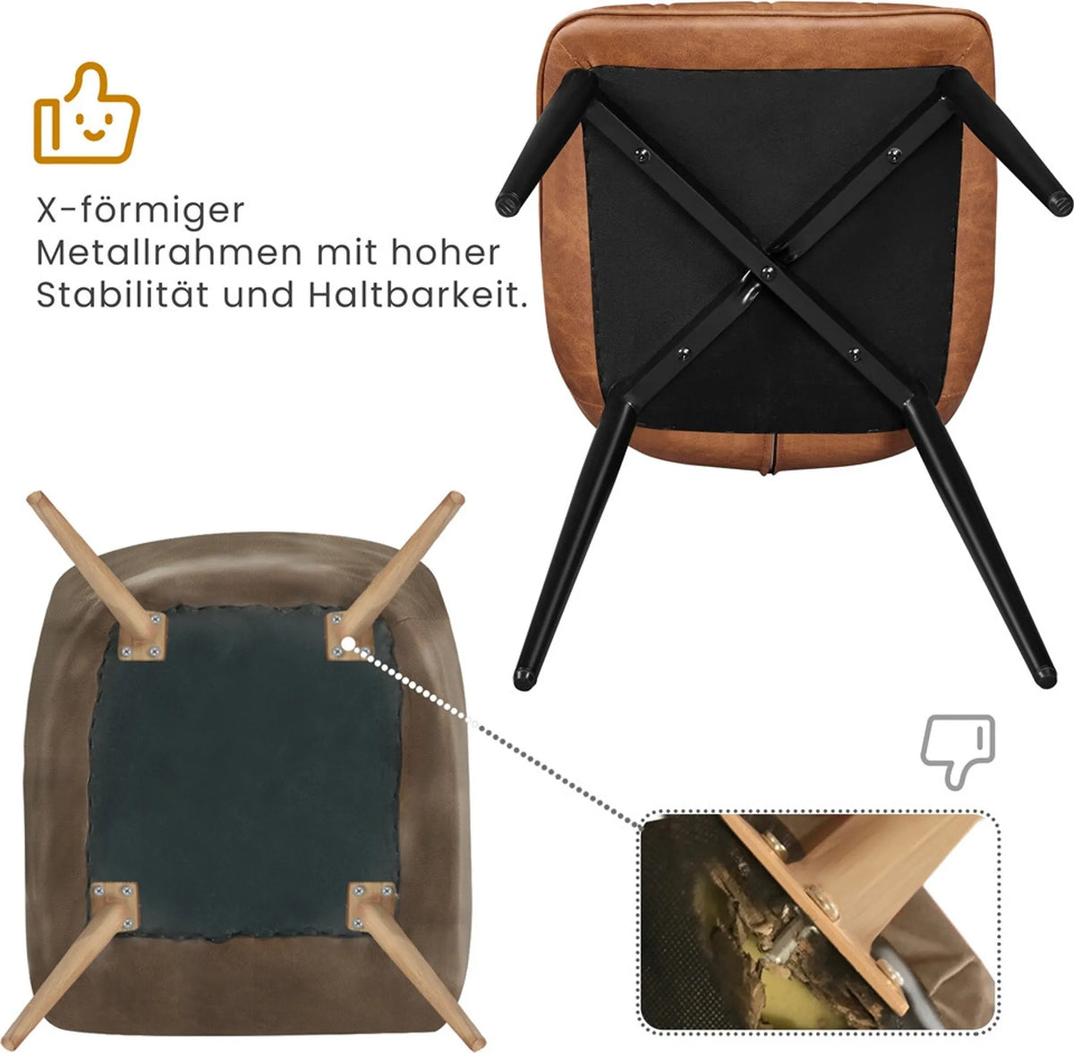Lot de 2 chaises de salle à manger à dossier haut et pieds en métal, en similicuir marron rouille