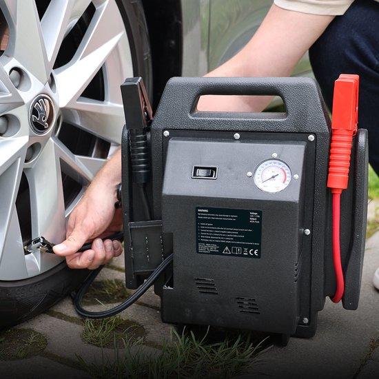 Carpoint Jumpstarter - 12 Volt - Avec compresseur d'air - Puissance de pointe 400A - Chargement avec adaptateur 230 Volt ou 12 Volt - Pression maximale du compresseur 18 BAR/260 PSI - Eclairage LED intégré - Dimensions 365x345x175mm