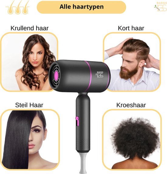 BAESS Sèche-cheveux avec diffuseur - Sèche-cheveux de voyage pliable - Sèche-cheveux ionique - 2000W - Coolshot - Boucles - Sèche-cheveux - Sèche-cheveux - Gris