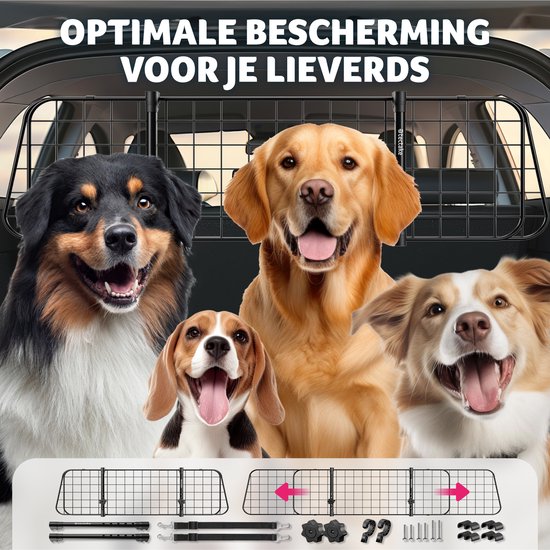 tectake® - Porte-chien pour voiture - Universel avec largeur variable jusqu'à max. 154 cm - Protection et séparation du coffre - 2 ceintures de sécurité incluses - Montage facile