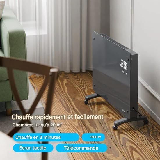 Auronic Radiateur électrique - Radiateur à convection avec thermostat et télécommande - Radiateur à panneau en verre - 1 500 W - Gris