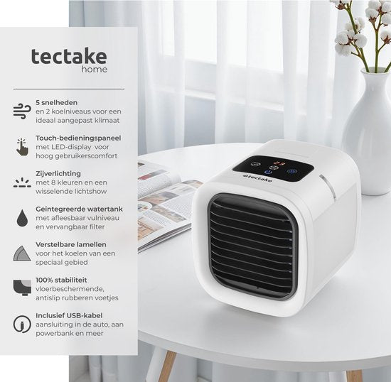 tectake® Air Cooler Frosty avec éclairage LED - 2 modes de refroidissement - 8W - Refroidisseur d'air 3-en-1 avec réservoir d'eau - Sans tuyau de vidange - Câble USB et entonnoir inclus - Mini climatiseur - Blanc