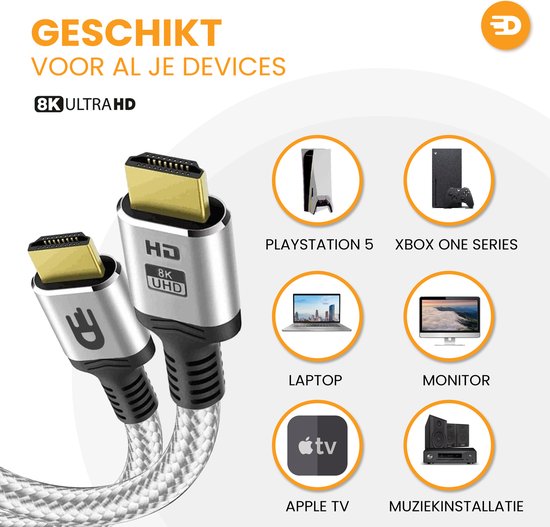 Câble HDMI 2.1 - Ultra HD High Speed - HDMI vers HDMI - Convient à Xbox Series X & PS5 - 1 mètre - Nylon - Blanc argenté