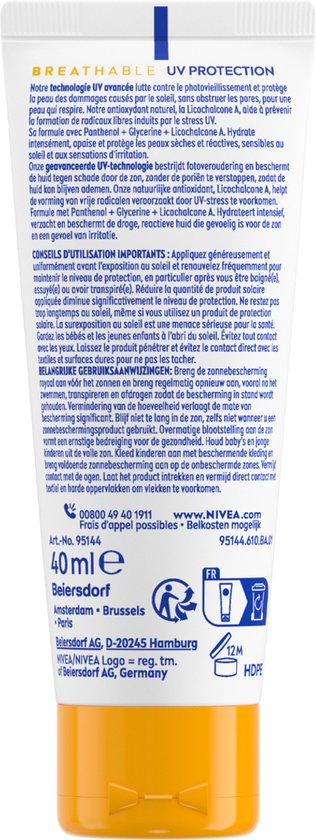 NIVEA SUN UV Face Senstive SPF50+ Sunscreen Face - Pour les peaux sensibles - Formule respirante et non grasse - Sans parfum - 40ml