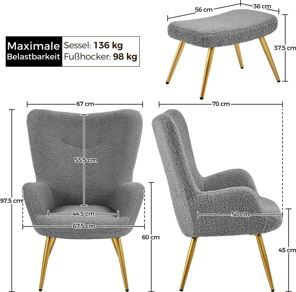 Yaheetech Wingback Chair - Tabouret - 70 x 67,5 x 97,5 cm - Gris