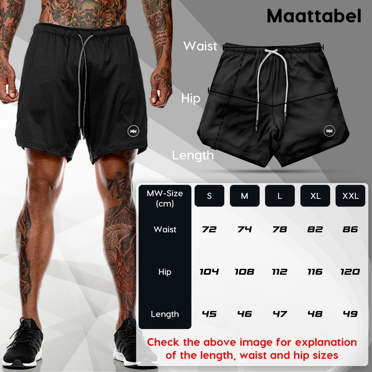 MW - Pantalon de sport pour homme - Taille M et design 2 en 1 - équipé d'une poche pour téléphone portable et d'une ceinture élastique - pour la gym et la course à pied - Polyester noir