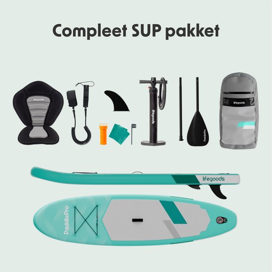 LifeGoods SUP Board All-round Compact - avec siège - capacité de charge de 100 KG - 300 x 76 cm - gonflable - ensemble complet de SUP - vert menthe