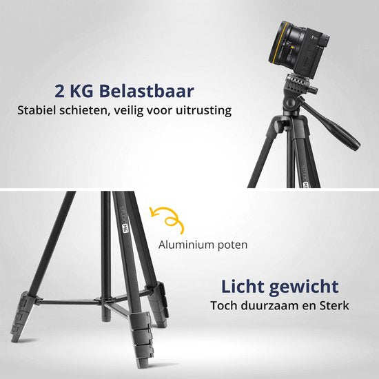 Studio ME Phone Tripod - 136 cm - Trépied Smartphone - Noir - Trépied pour appareil photo - Support pour téléphone - Télécommande Bluetooth incluse - Trépied Téléphone