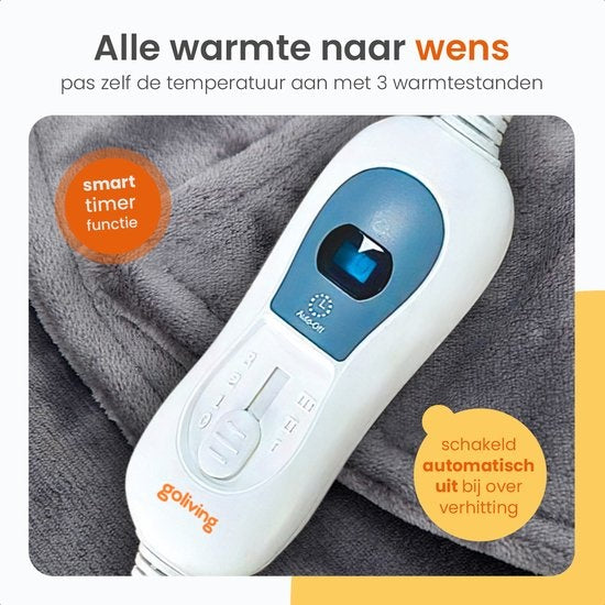 Goliving Elektrische Deken Voor Rug en Nek – Elektrische Warmtedeken – 3 Warmtestanden – Timerfunctie – Machinewasbaar – 100 Watt – 90 x 60 cm – Grijs