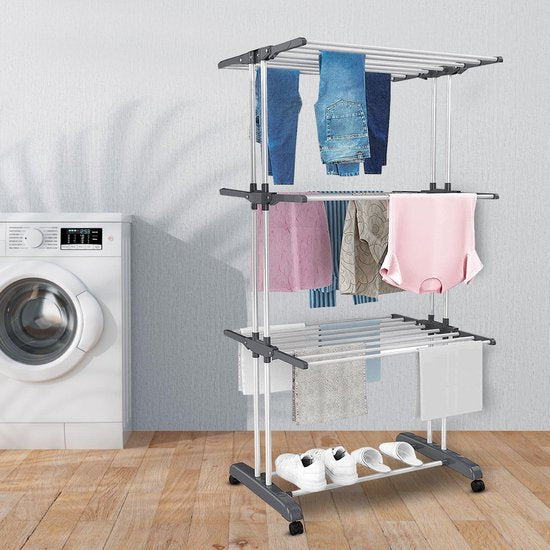 Vonia Tour de séchage - Étagère de séchage - Étagère de linge - Tour de linge - 3 couches - Pliable - 72x50x172 cm - Gris