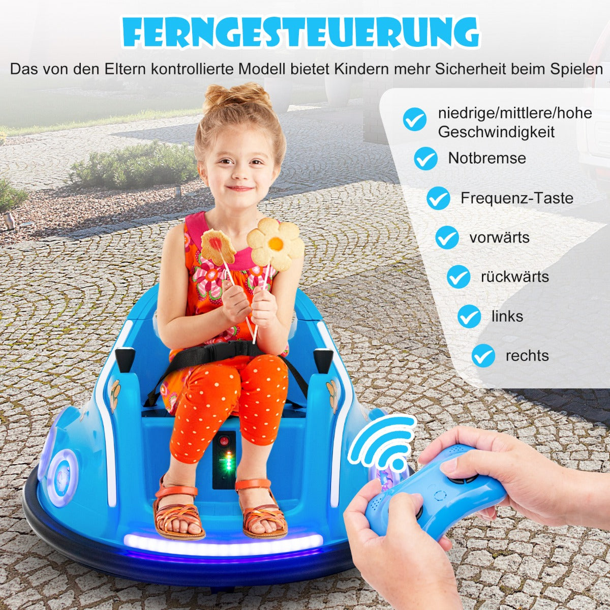 Coast Bumper Car - Rotation à 360 degrés - 12V - Musique et lumière incluses - 73x73x43cm - Bleu
